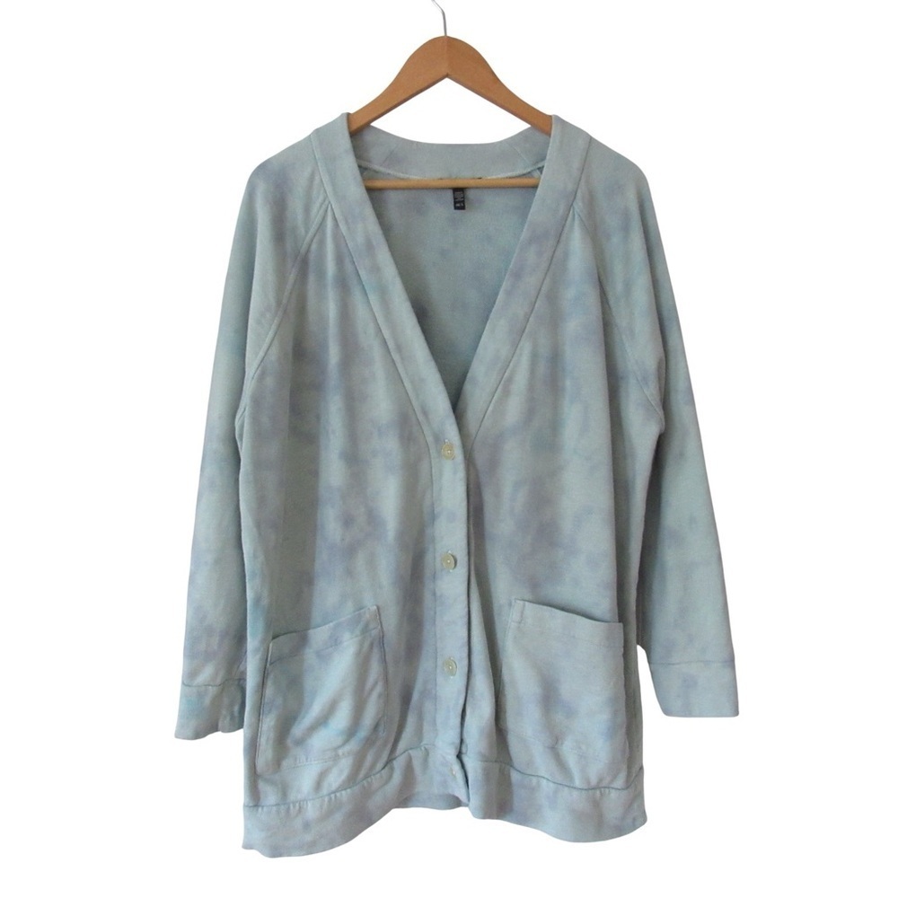 Eileen Fisher Garment Dyed Cardigan Terrycloth Large Pockets Blue Green Cotton